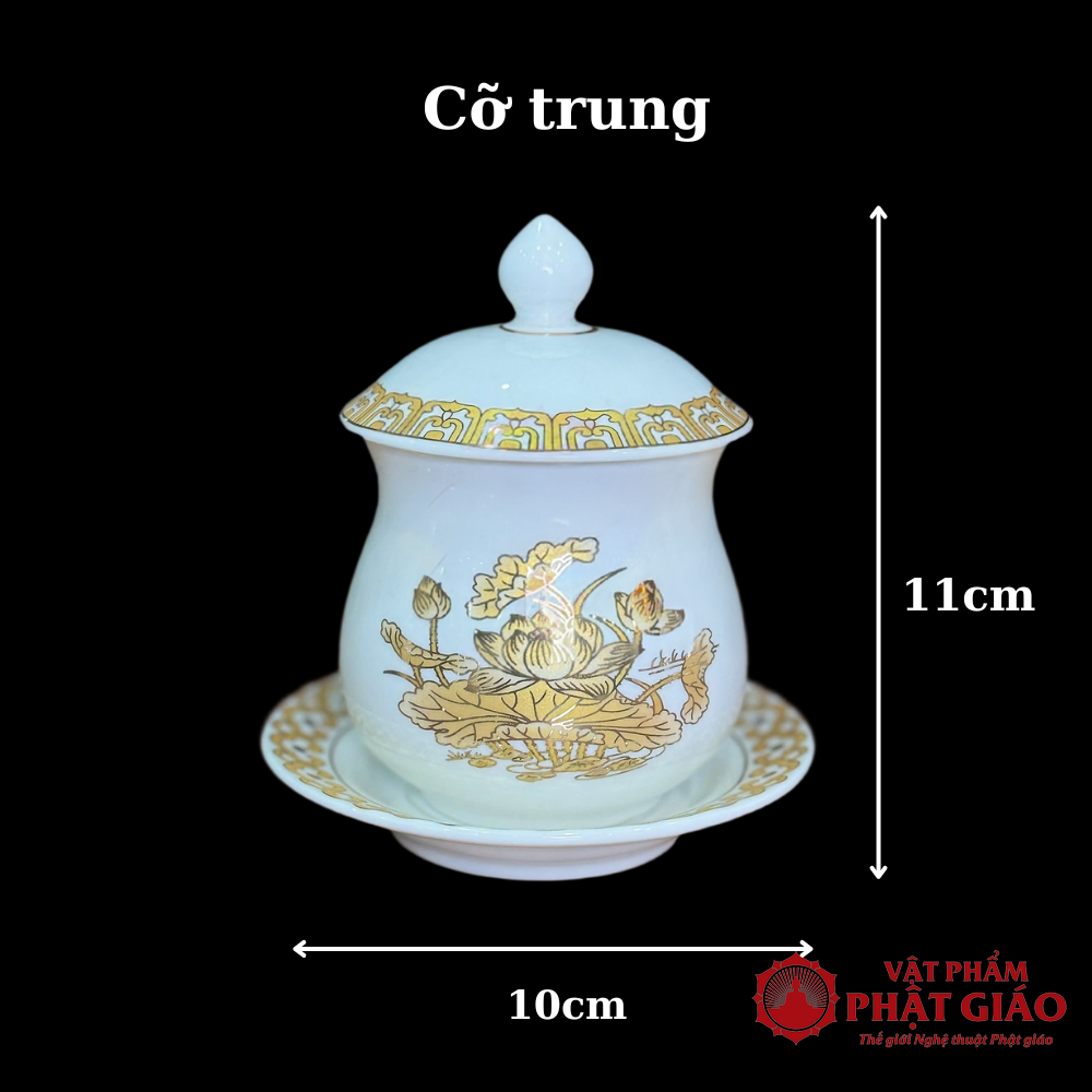 Cốc Nước Thờ Sứ Trắng Hoa Sen Vàng, Nhiều Kích Cỡ 12 Co trung