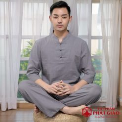 Bộ Cư Sĩ Nam Cổ Trụ Dài Tay Vải Linen Hàn Quốc Màu Xám, Size S, M, L, XL 6 bo cu si nam co tru dai tay vai linen cao cap mau xam nhieu kich co vat pham phat giao la boi 2