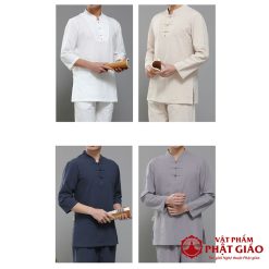 Bộ Cư Sĩ Nam Cổ Trụ Dài Tay Vải Linen Hàn Quốc Màu Xám, Size S, M, L, XL 4 bo cu si nam co tru dai tay vai linen cao cap mau xam nhieu kich co vat pham phat giao la boi 4