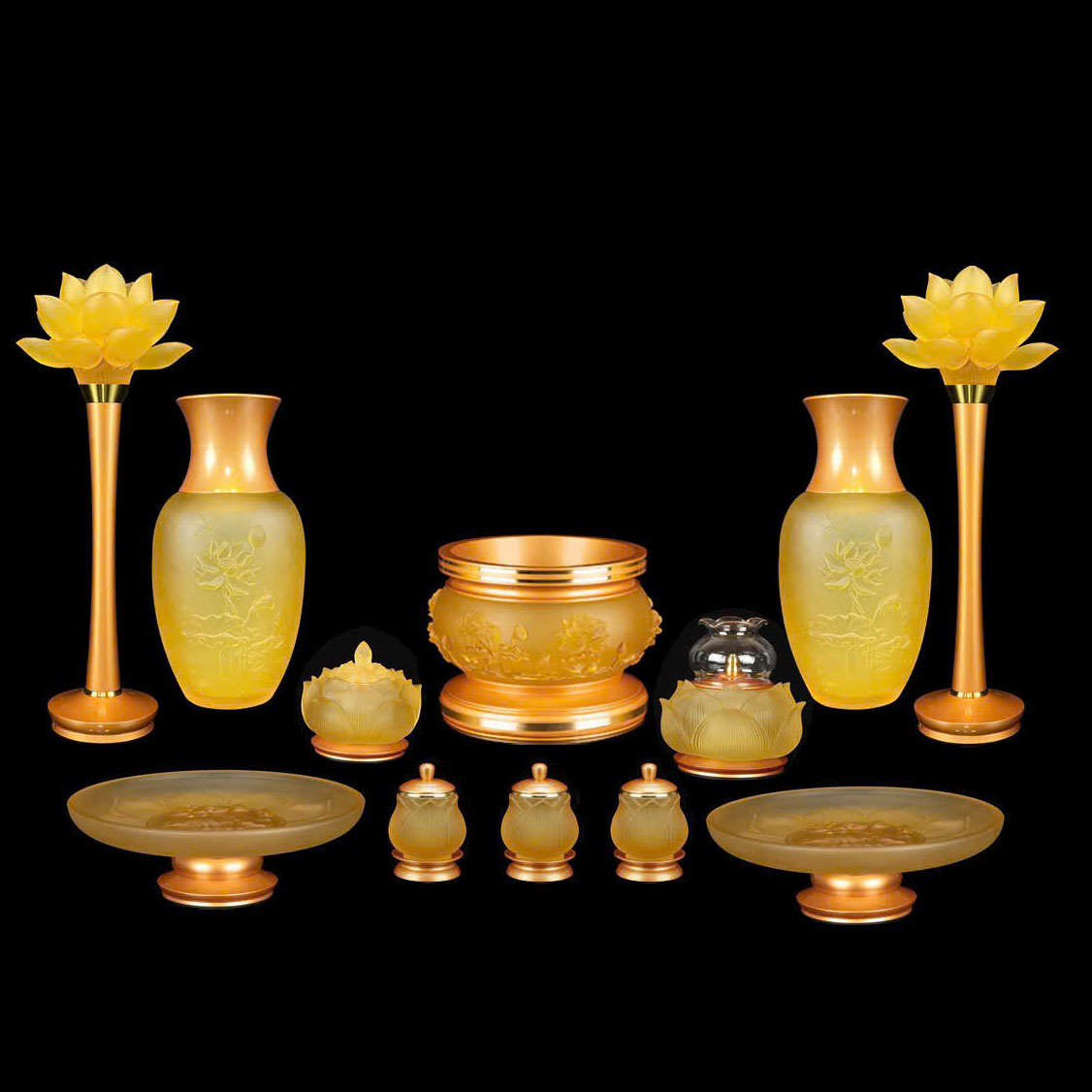 Bộ Đồ Thờ Bằng Lưu Ly Sen Nổi 1 Bộ Đồ Thờ Bằng Lưu Ly Sen Nổi