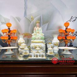 Bộ Đồ Thờ Sứ Trắng Hoa Sen Vàng, Nhiều Kích Cỡ 2 bo do tho su trang hoa sen vang nhieu kich co 1 1