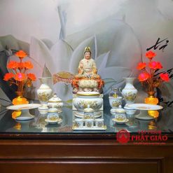 Bộ Đồ Thờ Sứ Trắng Hoa Sen Vàng, Nhiều Kích Cỡ 3 bo do tho su trang hoa sen vang nhieu kich co 2