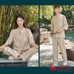 Bộ Nữ Cư Sĩ, Phật Tử Cổ Liền Xẻ Giữa Vải Linen Hàn Quốc, Màu Kem 2 bo nu cu si phat tu co lien xe giua vai linen han quoc mau kem vat pham phat giao la boi 3