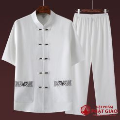 Bộ Quần Áo Cư Sĩ Nam Ngắn Tay Vải Lanh, Pháp Phục Phật Tử Nam Màu Trắng 5 bo quan ao cu si nam ngan tay vai lanh mau trang phap phuc phat tu nam vat pham phat giao la boi 2