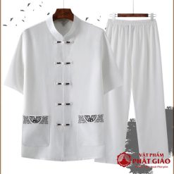 Bộ Quần Áo Cư Sĩ Nam Ngắn Tay Vải Lanh, Pháp Phục Phật Tử Nam Màu Trắng 2 bo quan ao cu si nam ngan tay vai lanh mau trang phap phuc phat tu nam vat pham phat giao la boi 5