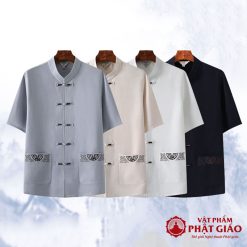 Bộ Quần Áo Cư Sĩ Nam Ngắn Tay Vải Lanh, Pháp Phục Phật Tử Nam Màu Xám 5 bo quan ao cu si nam ngan tay vai lanh mau xam phap phuc phat tu nam vat pham phat giao la boi 4
