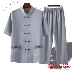 Bộ Quần Áo Cư Sĩ Nam Ngắn Tay Vải Lanh, Pháp Phục Phật Tử Nam Màu Xám 4 bo quan ao cu si nam ngan tay vai lanh mau xam phap phuc phat tu nam vat pham phat giao la boi 5