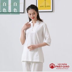 Bộ Quần Áo Cư Sĩ Nữ Màu Trắng Vải Cotton, Quần Áo Phật Tử Nữ Đi Lễ Chùa Trang Nhã Thanh Lịch 1 bo quan ao cu si nu mau trang quan ao phat tu nu di le chua thanh lich vat pham phat giao la boi 6