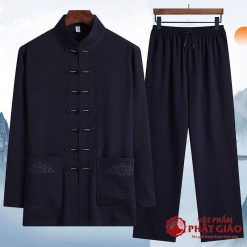 Bộ Quần Áo Cư Sĩ Vải Lanh, Quần Áo Đi Chùa Phật Tử Nam Màu Xanh Đen 3 bo quan ao cu si vai lanh bo quan ao phat tu nam mau xanh den nhieu kich co vat pham phat giao la boi 2