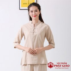 Bộ Quần Áo Nữ Cư Sĩ Màu Kem Vải Cotton, Quần Áo Đi Chùa Lễ Phật Trang Nhã Thanh Lịch 3 bo quan ao nu cu si mau kem vai cotton ao di chua le phat trang nha thanh lich vat pham phat giao la boi 5