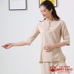 Bộ Quần Áo Nữ Cư Sĩ Màu Kem Vải Cotton, Quần Áo Đi Chùa Lễ Phật Trang Nhã Thanh Lịch 2 bo quan ao nu cu si mau kem vai cotton ao di chua le phat trang nha thanh lich vat pham phat giao la boi 6