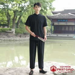 Bộ Thiền Nam Ngắn Tay Vải Trúc Sa Cotton Màu Đen 3 bo thien nam vai truc sa cotton ngan tay mau den vat pham phat giao la boi 2