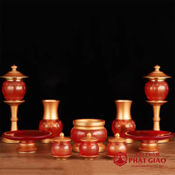 Cốc Nước Thờ Mãn Thiên Lưu Ly Màu Đỏ Nhũ Vàng Cao Cấp, Cao 10cm 2 coc nuoc tho man thien luu ly mau do cao cap vat pham phat giao la boi 7