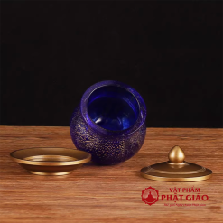 Cốc Nước Thờ Mãn Thiên Lưu Ly Màu Xanh Nhũ Vàng Cao Cấp, Cao 10cm 4 coc nuoc tho man thien luu ly mau xanh cao cap vat pham phat giao la boi 4