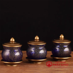 Cốc Nước Thờ Mãn Thiên Lưu Ly Màu Xanh Nhũ Vàng Cao Cấp, Cao 10cm 3 coc nuoc tho man thien luu ly mau xanh cao cap vat pham phat giao la boi 5