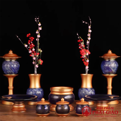 Cốc Nước Thờ Mãn Thiên Lưu Ly Màu Xanh Nhũ Vàng Cao Cấp, Cao 10cm 2 coc nuoc tho man thien luu ly mau xanh cao cap vat pham phat giao la boi 6