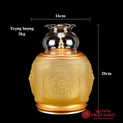 Đèn Dầu Lưu Ly Chân Đồng Vàng Dáng Vuông, Chạm Hình Bảo Tướng, Cao 20cm 1 den dau luu ly chan dong vang dang vuong cham hinh bao tuong cao 20cm 3