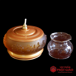 Đèn Dầu Lưu Ly Hoa Sen Nổi, Đế Đồng Vàng, Cao 15cm 2 den dau luu ly hoa sen noi de dong vang cao 15cm vat pham phat giao la boi 8