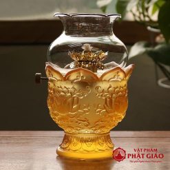 Đèn Dầu Lưu Ly Màu Vàng Hoa Sen Nổi, Cao 16cm 7 den dau luu ly mau vang hoa sen noi cao 16cm vat pham phat giao la boi 2