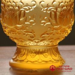 Đèn Dầu Lưu Ly Màu Vàng Hoa Sen Nổi, Cao 16cm 6 den dau luu ly mau vang hoa sen noi cao 16cm vat pham phat giao la boi 3