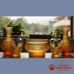 Đèn Dầu Lưu Ly Màu Vàng Hoa Sen Nổi, Cao 16cm 1 den dau luu ly mau vang hoa sen noi cao 16cm vat pham phat giao la boi 8