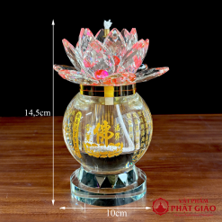Đèn Dầu Pha Lê Hoa Sen Màu Hồng, In Chữ Phật Tâm Kinh, Cao 14.5cm, 19cm 5 den dau pha le hoa sen mau hong in chu phat tam kinh cao 21cm vat pham phat giao la boi 7