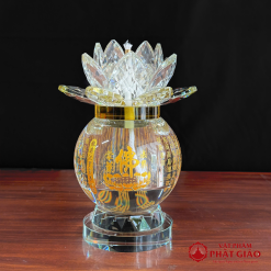 Đèn Dầu Pha Lê Hoa Sen Màu Trắng, In Chữ Phật Tâm Kinh Cao 14.5cm, 19cm 6 den dau pha le hoa sen mau trang in chu phat tam kinh cao 14.5cm 19cm vat pham phat giao la boi 2
