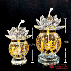 Đèn Dầu Pha Lê Hoa Sen Màu Trắng, In Chữ Phật Tâm Kinh Cao 14.5cm, 19cm 1 den dau pha le hoa sen mau trang in chu phat tam kinh cao 14.5cm 19cm vat pham phat giao la boi 7