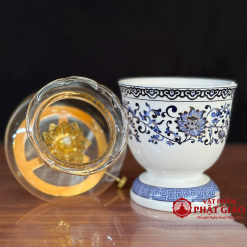 Đèn Dầu Sứ Trắng Hoa Sen Màu Lam, Cao 15cm, 18cm 5 den dau su trang hoa sen mau lam cao 15cm 18cm vat pham phat giao la boi 3