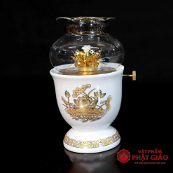 Đèn Dầu Sứ Trắng Hoa Sen Vàng, Cao 16cm, 19cm 9 den dau su trang hoa sen vang cao 15cm 18cm vat pham phat giao la boi 2