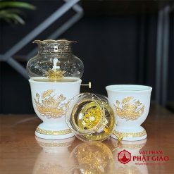Đèn Dầu Sứ Trắng Hoa Sen Vàng, Cao 16cm, 19cm 6 den dau su trang hoa sen vang cao 15cm 18cm vat pham phat giao la boi 5