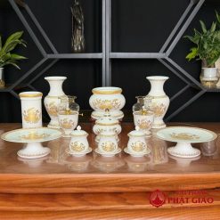 Đèn Dầu Sứ Trắng Hoa Sen Vàng, Cao 16cm, 19cm 3 den dau su trang hoa sen vang cao 15cm 18cm vat pham phat giao la boi 8