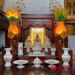 Đèn Dầu Sứ Trắng Hoa Sen Vàng, Cao 16cm, 19cm 2 den dau su trang hoa sen vang cao 15cm 18cm vat pham phat giao la boi 9