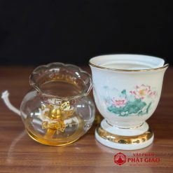 Đèn Dầu Sứ Trắng Sen Hồng Lá Xanh, Cao 15cm, 18cm 6 den dau su trang sen hong la xanh cao 15cm 18cm vat pham phat giao la boi 3