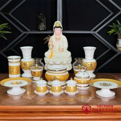Đèn Dầu Sứ Trắng Tâm Kinh Vàng, Cao 15cm, 18cm 1 den dau su trang tam kinh vang cao 15cm 18cm vat pham phat giao la boi 5