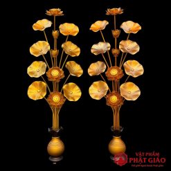 Đôi Lọ Hoa Sen Bằng Hợp Kim Nhôm 13 Bông Vàng, Cao 1m2 6 doi lo hoa sen de ban tho bang hop kim dong cao 1m2 vat pham phat giao la boi 2