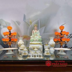 mam bong su trang hoa sen vang duong kinh 20 23cm vat pham phat giao la boi 5