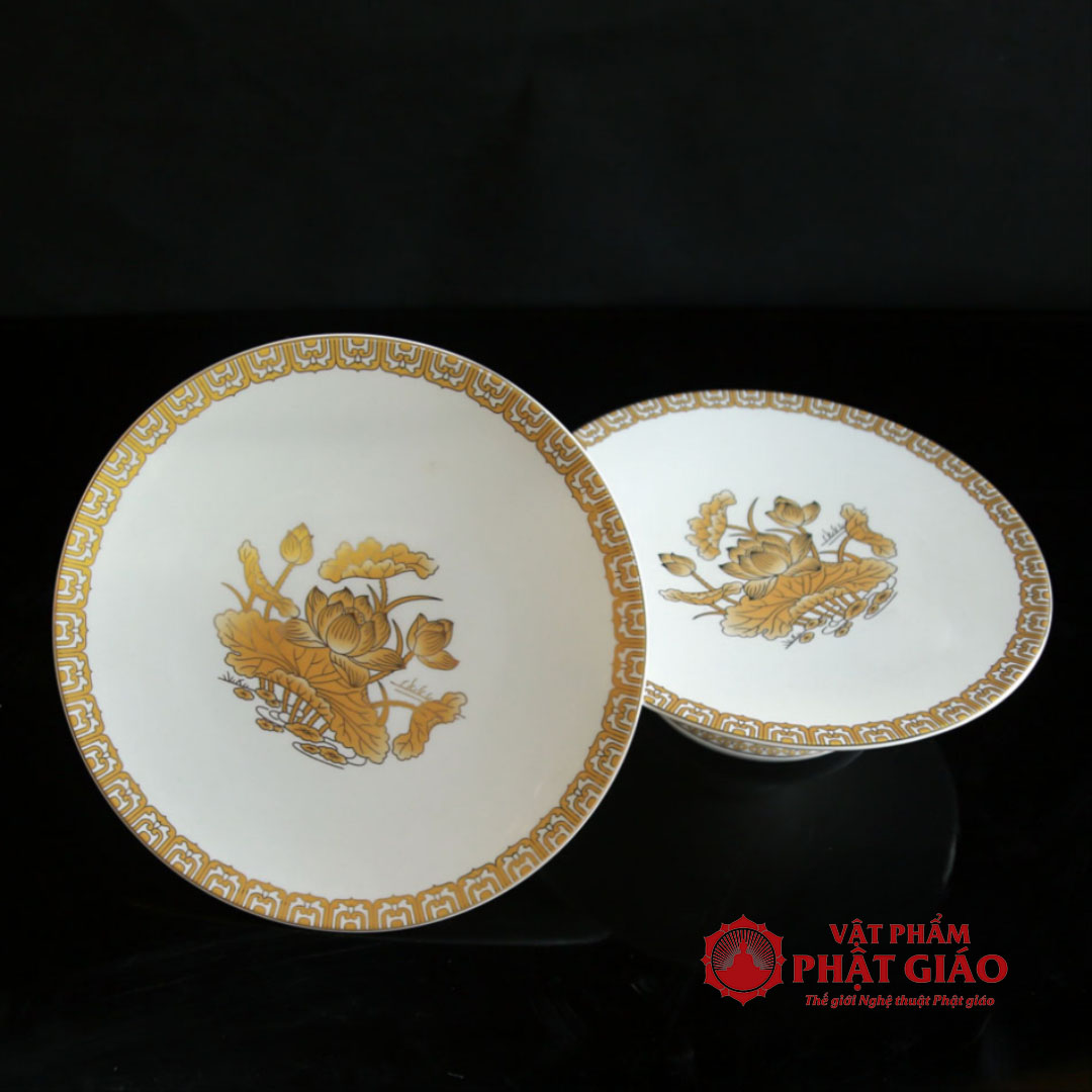 Mâm Bồng Sứ Trắng Hoa Sen Vàng, Đường Kính 18-23cm 11 mam bong su trang hoa sen vang duong kinh 20 23cm vat pham phat giao la boi 7