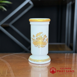 Ống Đựng Hương Bằng Sứ Trắng Hoa Sen Vàng, Cao 20cm 3 ong dung huong bang su trang hoa sen vang cao 20cm vat pham phat giao la boi 2