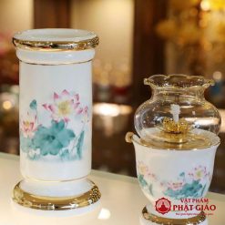 Ống Hương Sứ Trắng Sen Hồng Lá Xanh, Cao 20cm, 25cm 2 ong huong su trang sen hong la xanh nhieu co vat pham phat giao la boi 4
