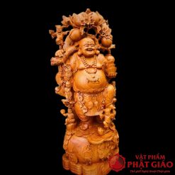 Tượng Di Lặc Đứng Vác Đào Gỗ Hương Liền Khối Cao 1m2 2 10