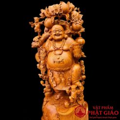 Tượng Di Lặc Đứng Vác Đào Gỗ Hương Liền Khối Cao 1m2 3 8