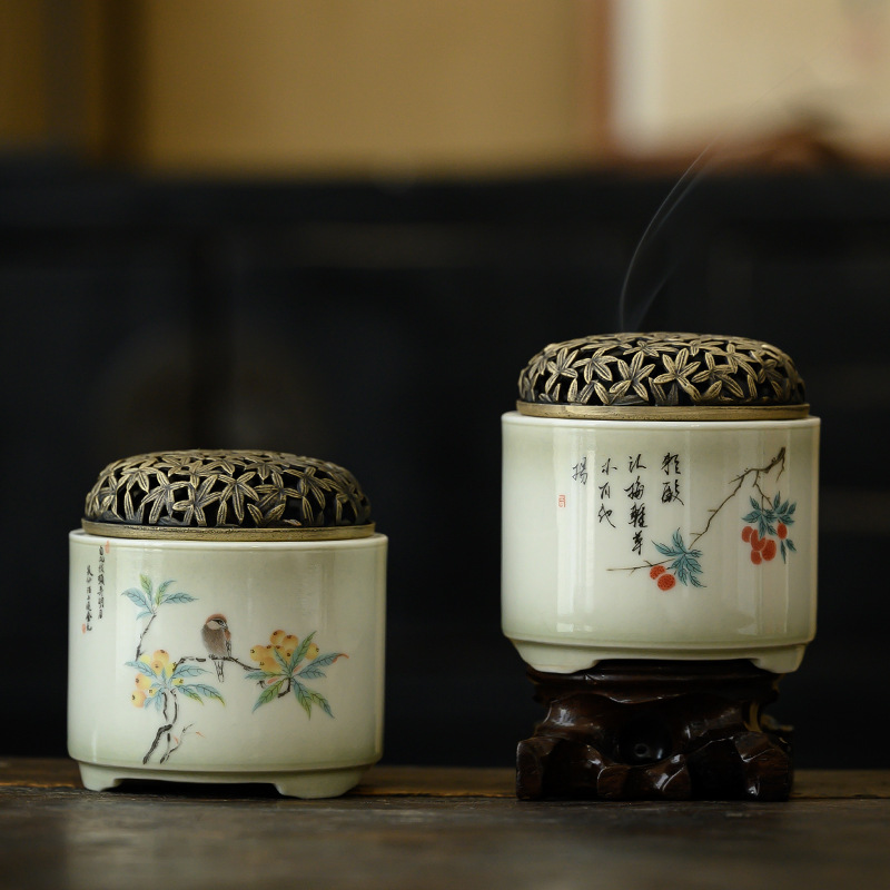 Lư Xông Trầm Hương Bằng Gốm Hình Trụ Họa Tiết Chim Và Cành Lựu, Kích Thước 9*7.8cm 5 lu xong tram huong bang gom hinh tru hoa tiet chim va canh luu kich thuoc 97 8cm
