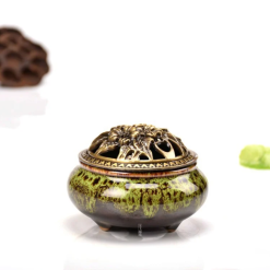 Lư Xông Trầm Hương Tròn Gốm Sứ Nắp Sắt Hoa Văn, Kích Thước 9.8x7.2cm 4 lu xong tram huong hoa van xanh la 1