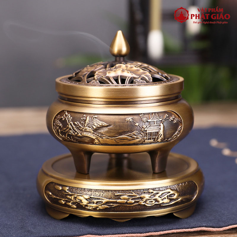Đế Đồng Để Lư Trầm Họa Tiết Phong Cảnh, Đường Kính 10.5cm 8 lu dong kem de 1