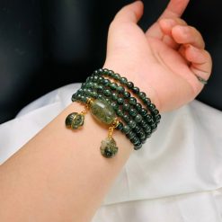 Vòng Đá Thạch Anh Tóc Xanh Mix Charm Lu Thống, Túi Tiền, Hồ Ly 2 toc xanh1