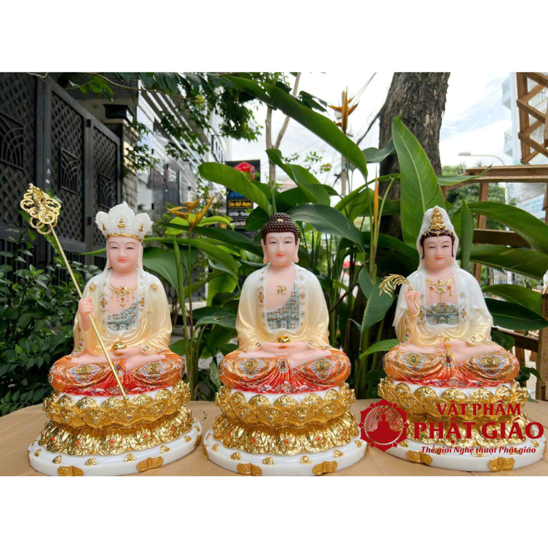 Bộ Tượng Ta Bà Tam Thánh Bột Đá Sơn Vẽ Viền Vàng Cao 30cm, 40cm, 48cm 9 ba ba