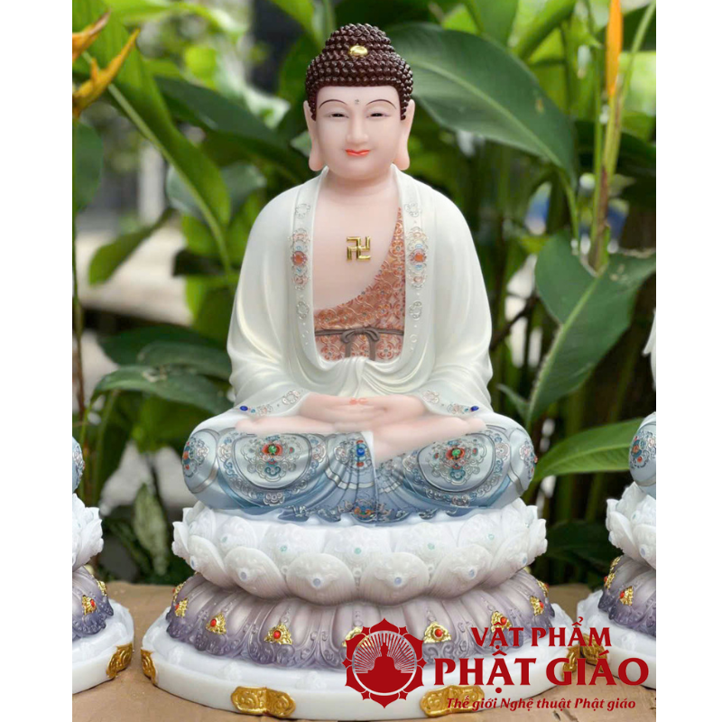 Tượng Phật A Di Đà Bột Đá Sơn Vẽ Xanh Viền Vàng Cao 30cm, 40cm, 48cm 3 vien