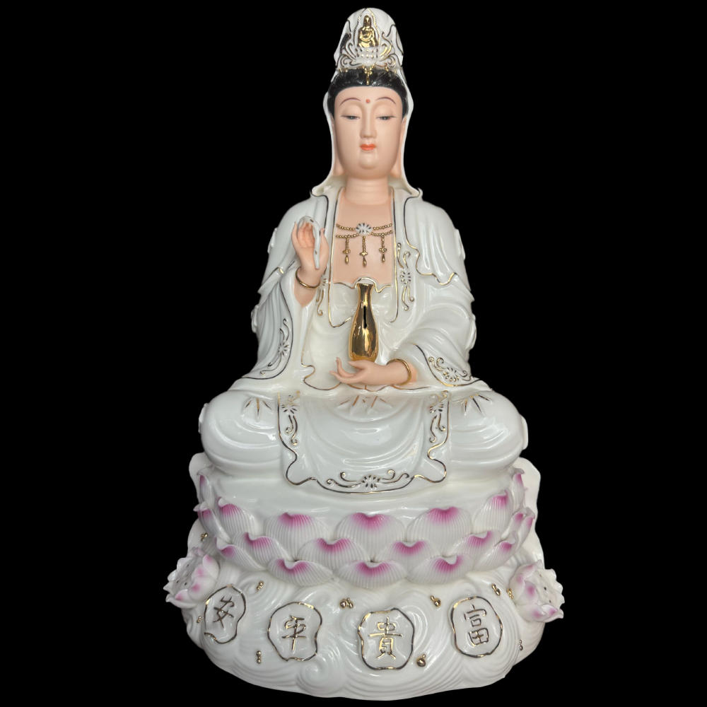 Tượng Phật Bà Quan Âm Sứ Trắng Tọa Đài Sen Hồng Cao 30cm, 35cm, 40cm, 45cm 1 Tượng Phật Bà Quan Âm Sứ Trắng Tọa Đài Sen Hồng Cao 30cm, 35cm, 40cm, 45cm