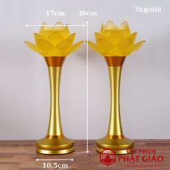 Đôi Đèn 1 Bông Hoa Sen Nở Thủy Lưu Ly Thân Vàng, Cao 36cm, 42cm 2 2 1
